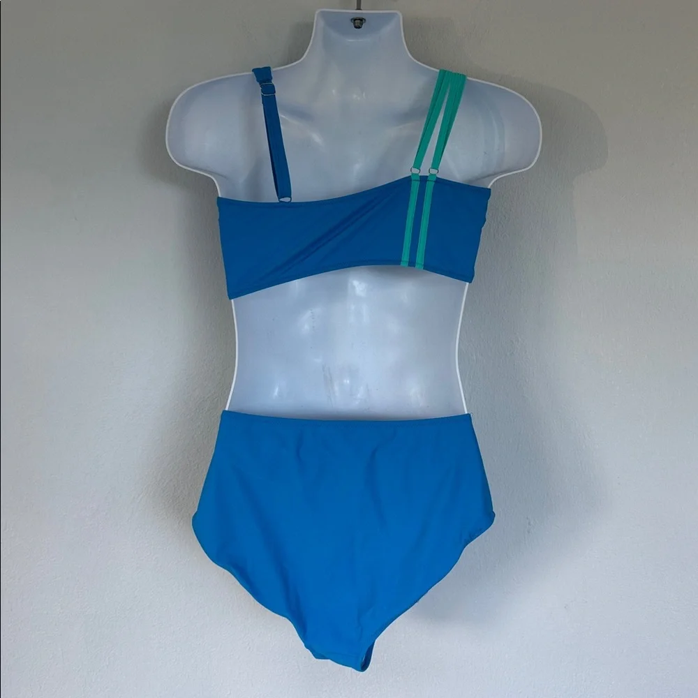 Blue asymmetrical strappy stripe print high waist two piece swimsuit size XL